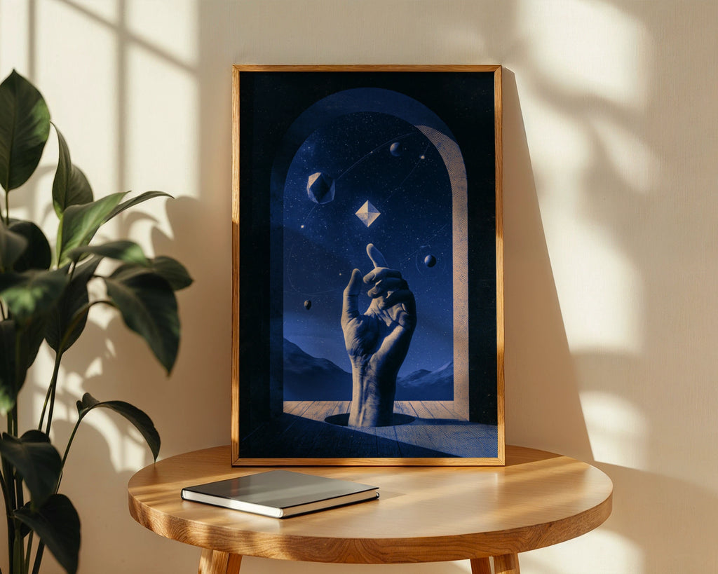 Cosmic Hand Universe Poster, Blue Surreal Space Art, Geometric Stars Print