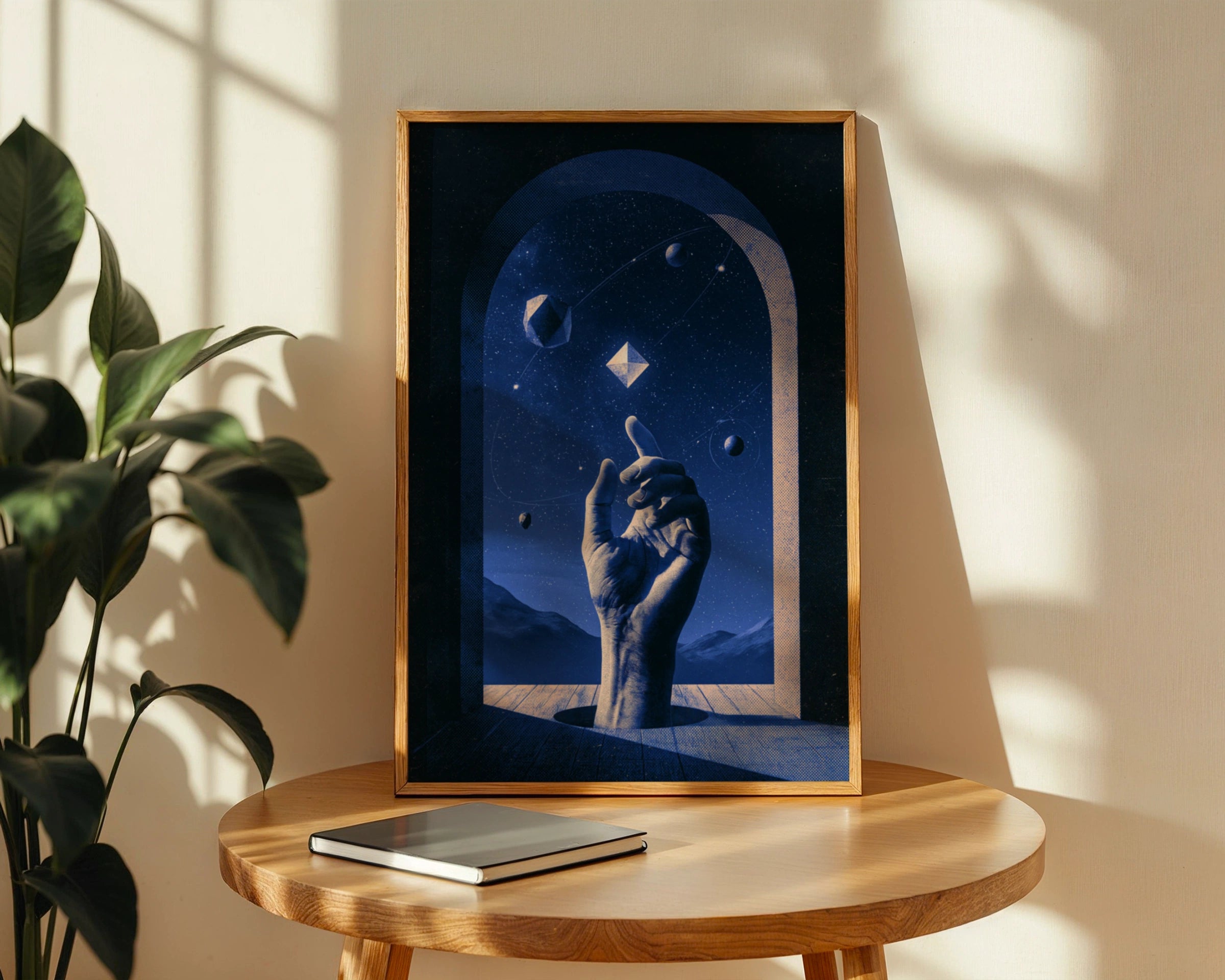 Cosmic Hand Universe Poster, Blue Surreal Space Art, Geometric Stars Print