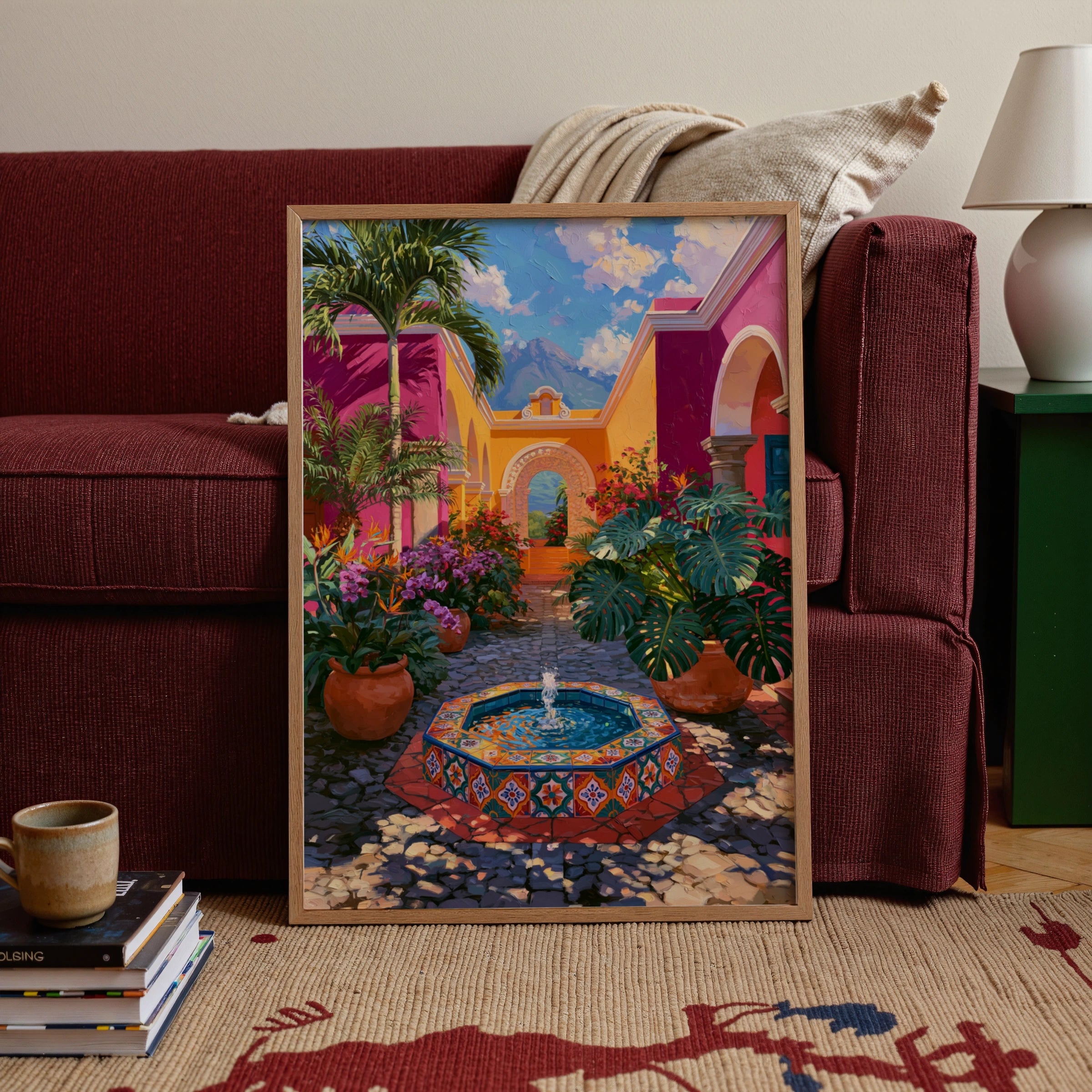 Guatemala Courtyard Poster, Colourful Tiled Fountain, Latin America Wall Art