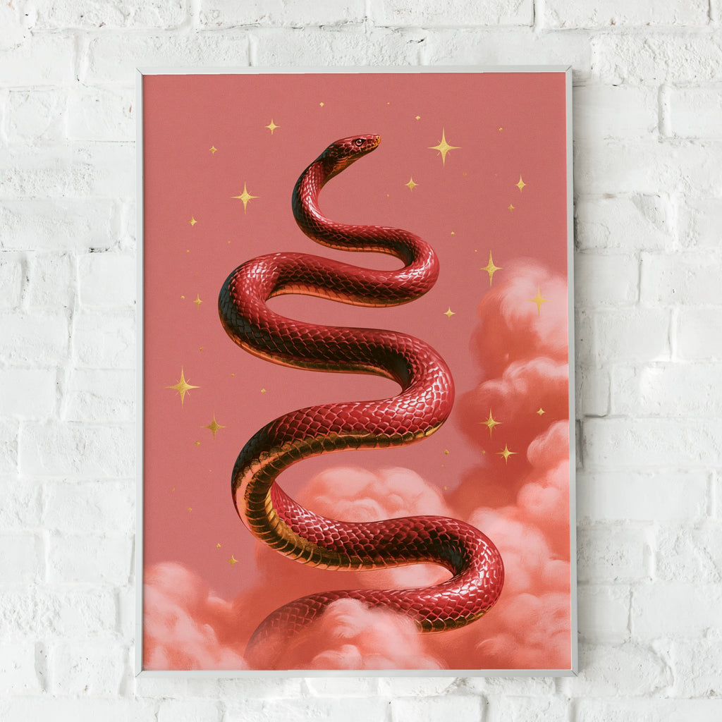 Red Snake Pink Clouds Poster, Celestial Serpent Wall Art, Mystical Print