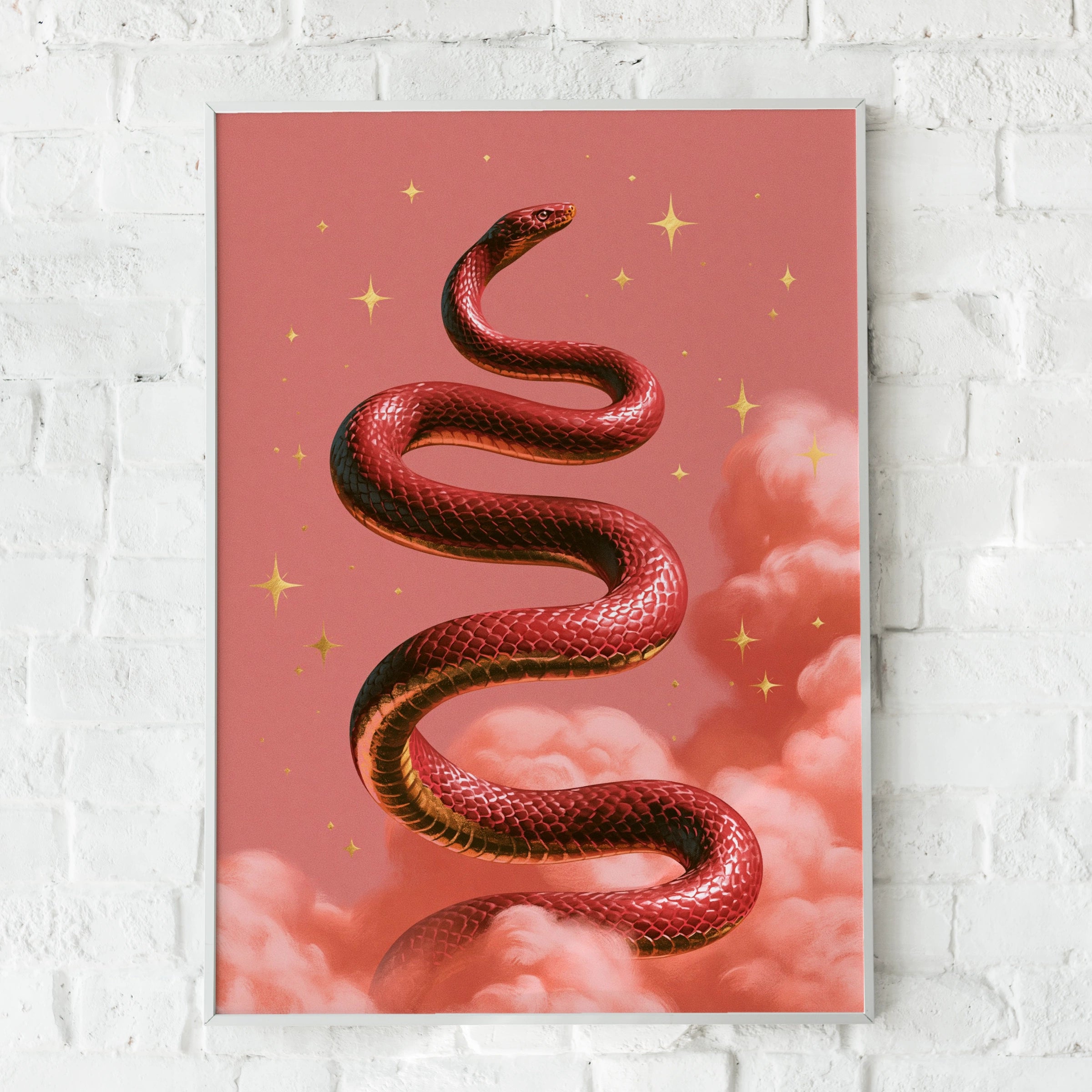 Red Snake Pink Clouds Poster, Celestial Serpent Wall Art, Mystical Print