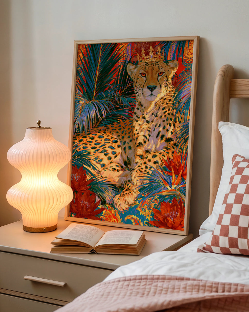 Crowned Cheetah Tropical Flowers Poster, Bold Maximalist Wall Art Print