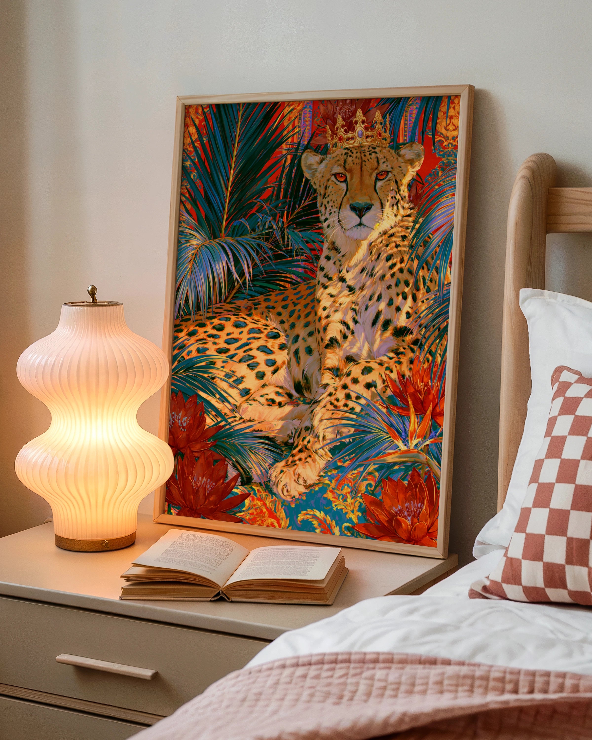 Crowned Cheetah Tropical Flowers Poster, Bold Maximalist Wall Art Print