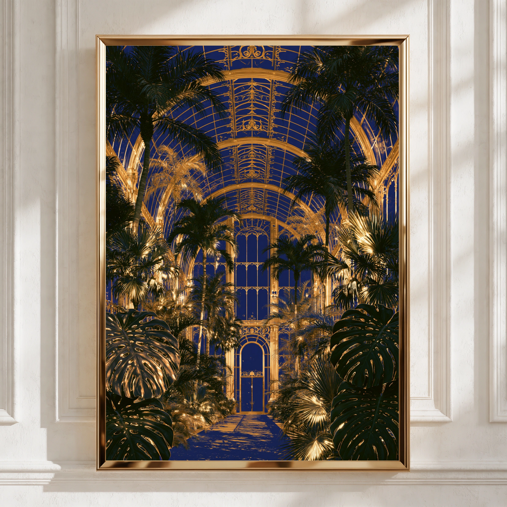 Glass House Botanical Interior Poster, Blue Gold Glasshouse Art Print