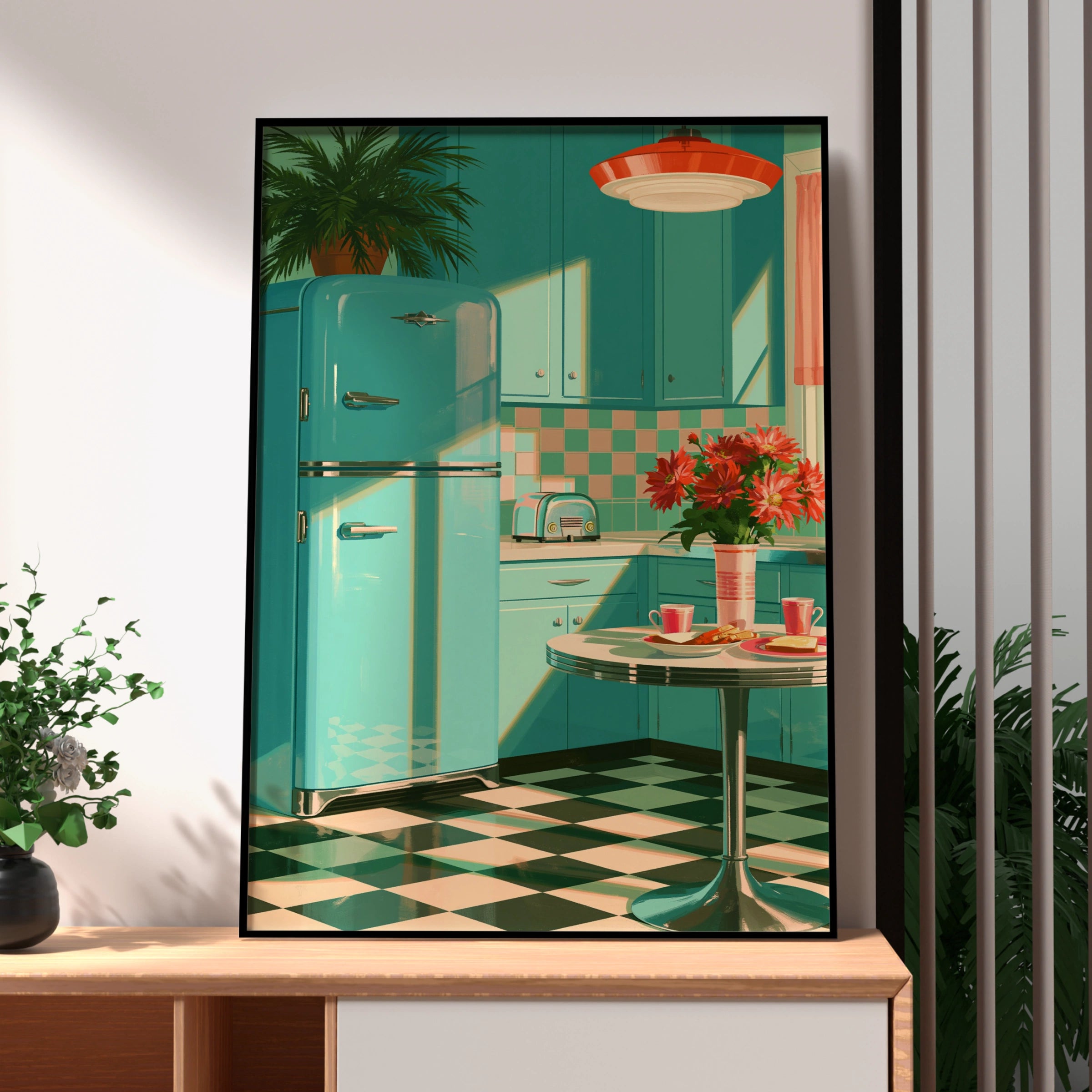 Retro Kitchen Poster, Turquoise 1950s Diner Art Print, Mid-Century Style