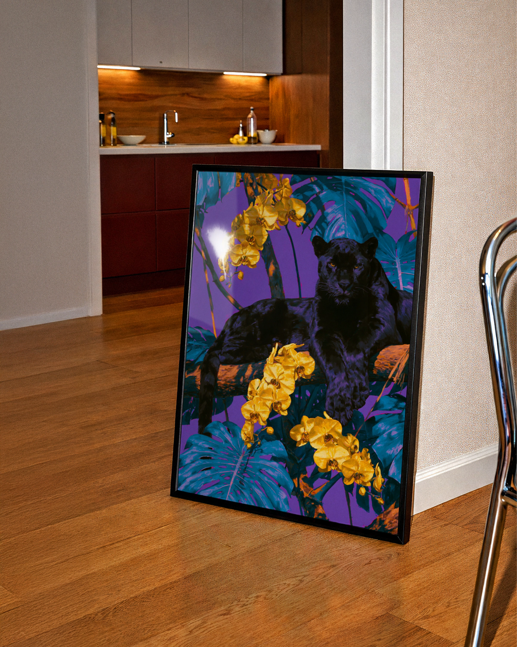 Black Panther Yellow Orchids Poster, Tropical Jungle Wall Art, Bold Colourful Print