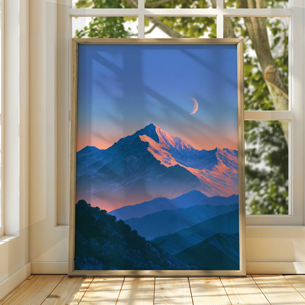 Mountain Moon Blue Poster, Snowy Peak Crescent Moon, Twilight Wall Art Print