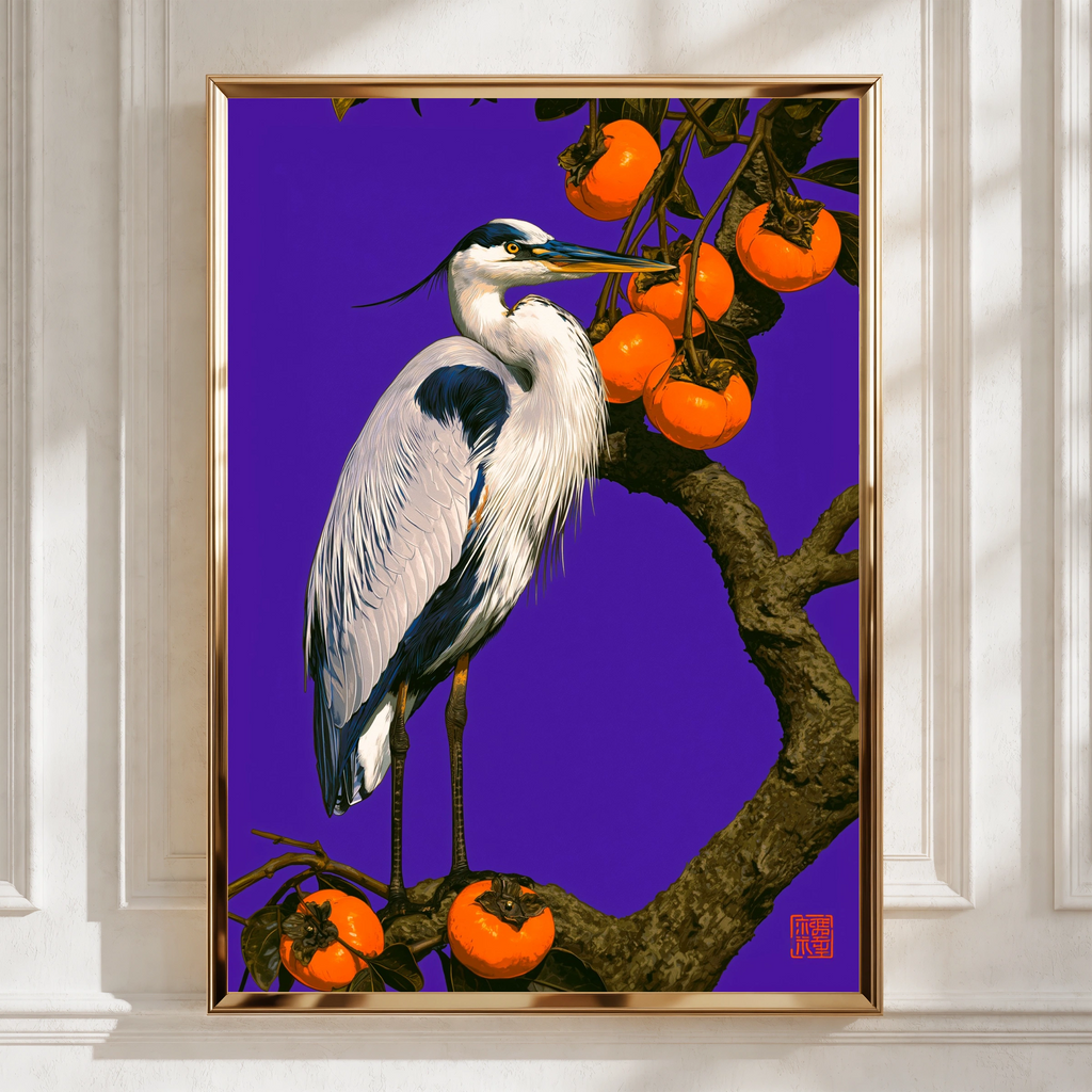 Heron & Persimmon Tree Poster, Japanese Bird Art, Bold Purple Wall Print