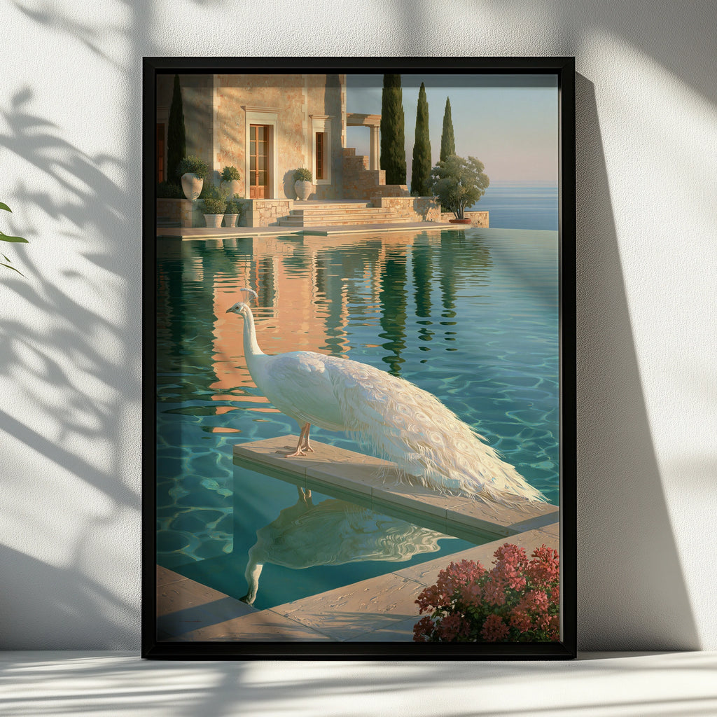 White Peacock by Infinity Pool, Mediterranean Villa Art Print, Realist Style