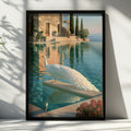 White Peacock by Infinity Pool, Mediterranean Villa Art Print, Realist Style