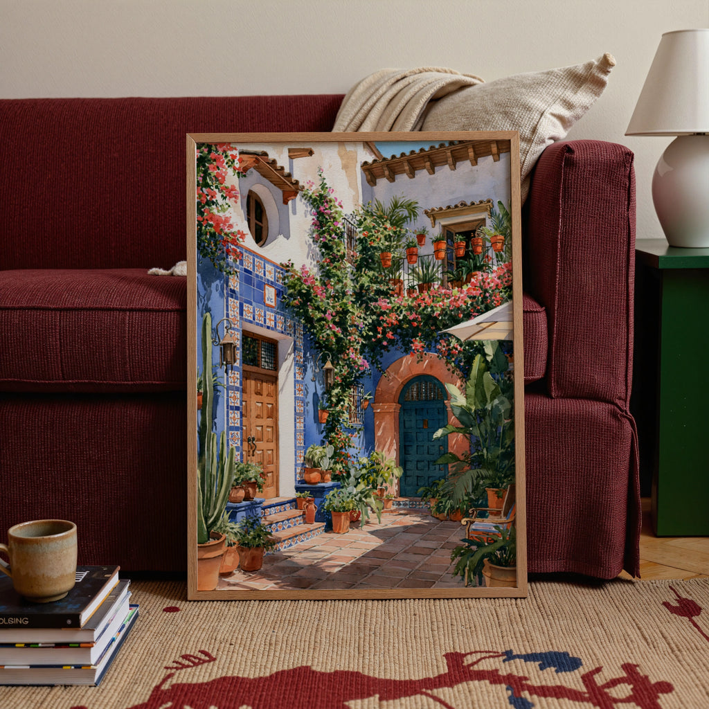 Spanish Courtyard Wall Art Poster, Blue Terracotta Floral, Watercolour Print