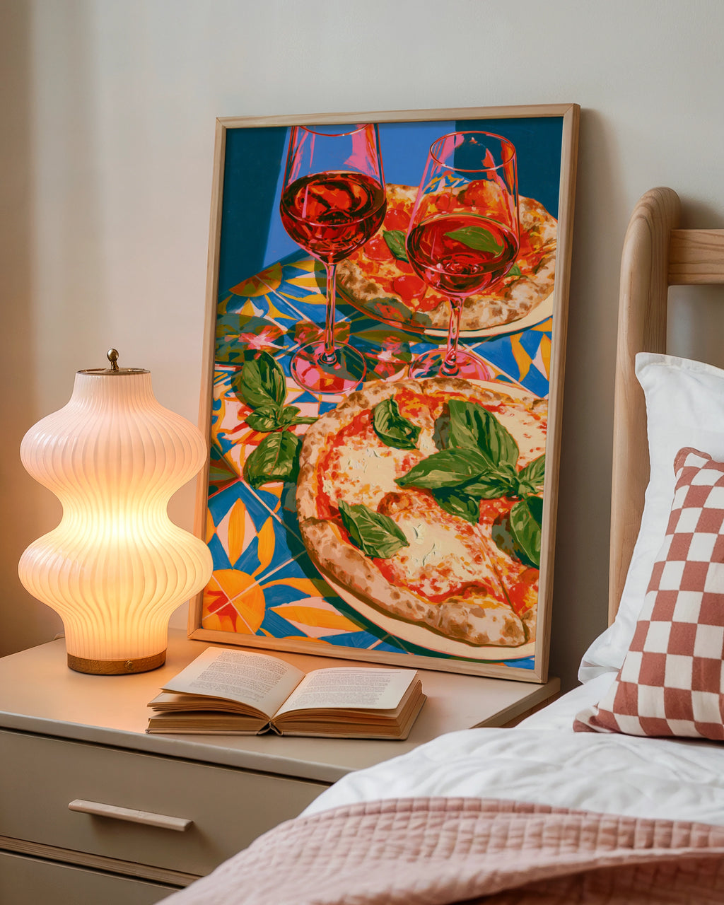 Pizza & Red Wine Poster, Italian Tiles Art Print, Colourful Kitchen Wall Art