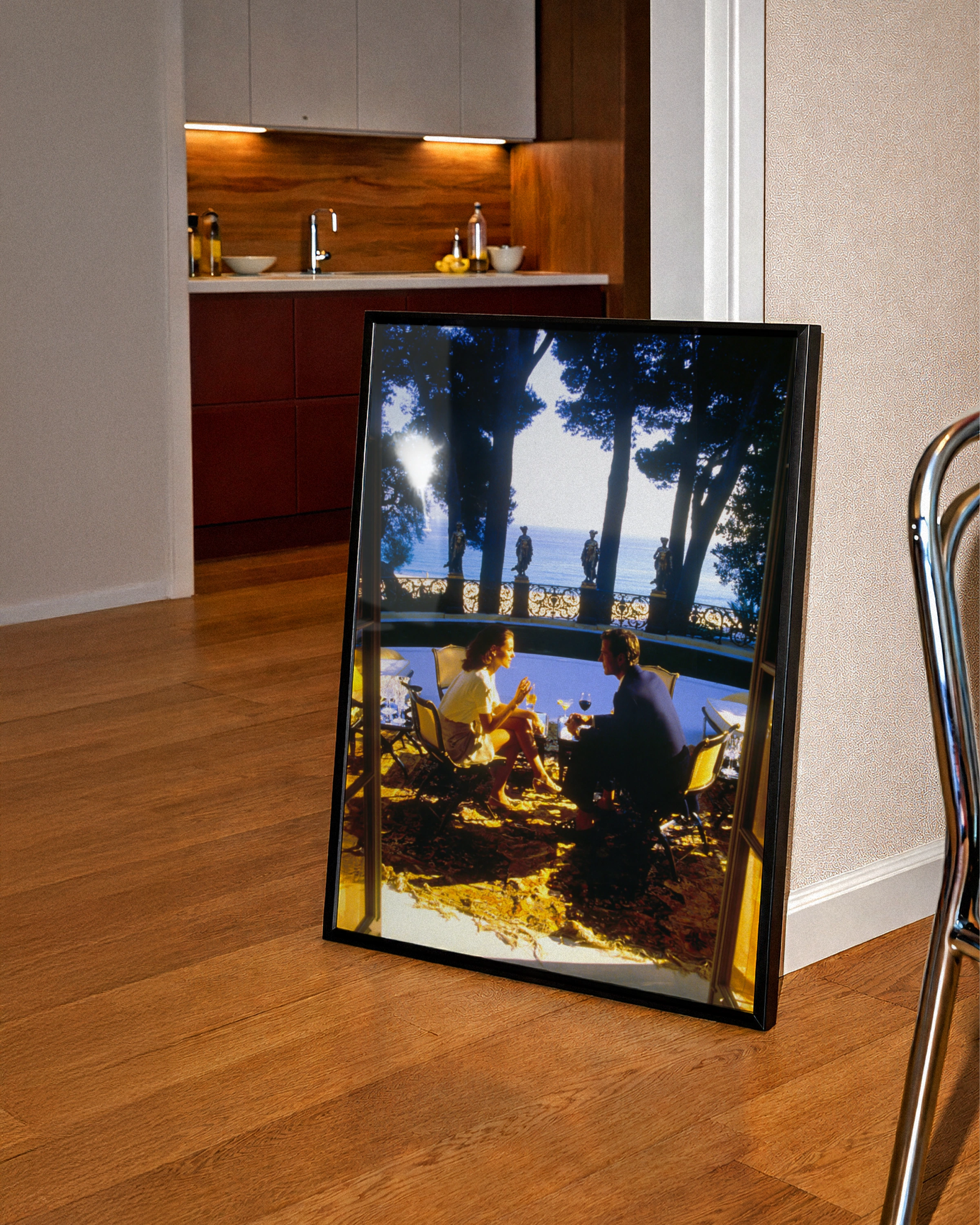 Couple Dining at Villa Terrace, Mediterranean Sea View Poster, Romantic Art