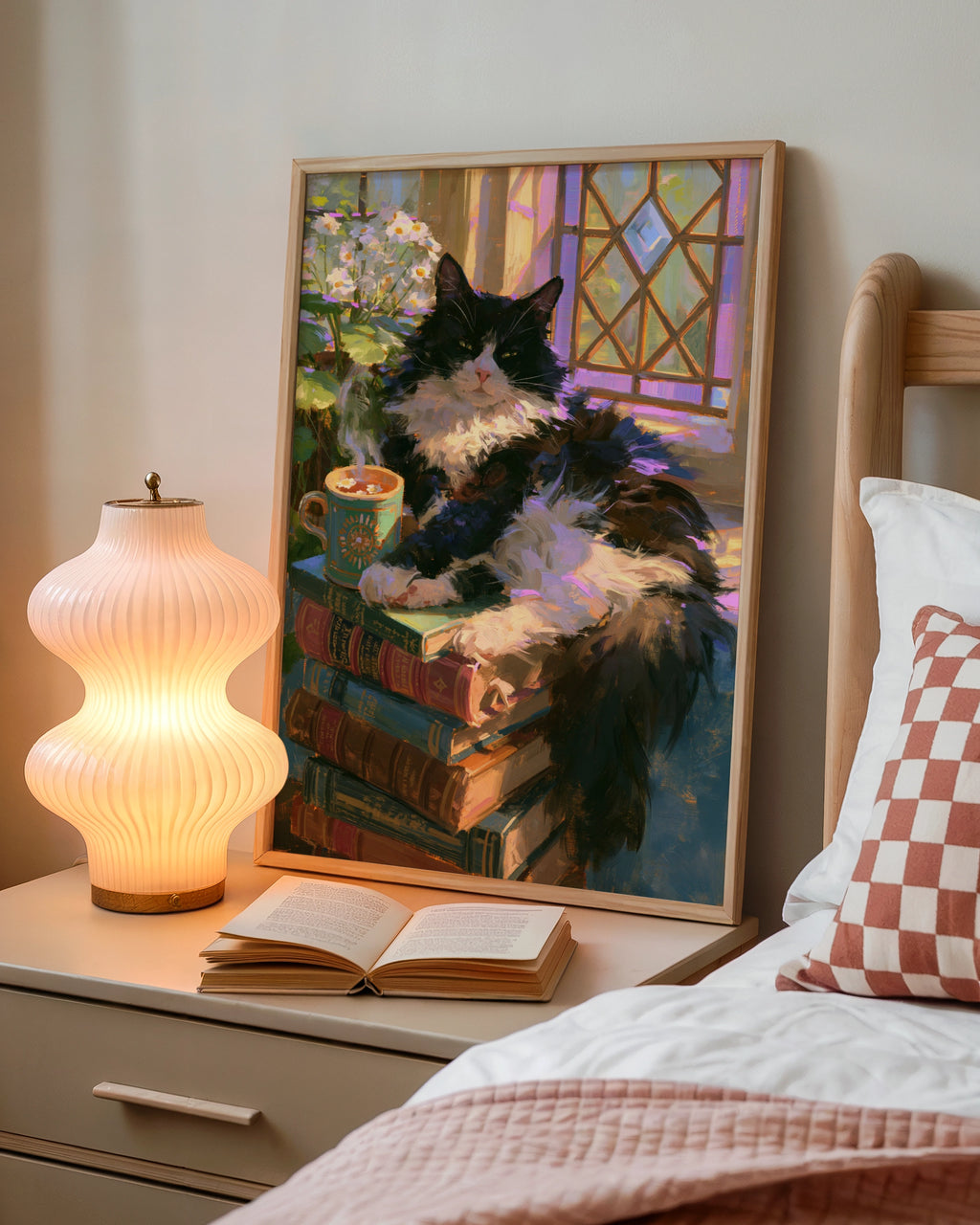 Sleepy Cat on Books Poster, Tuxedo Cat Wall Art, Cosy Reading Print