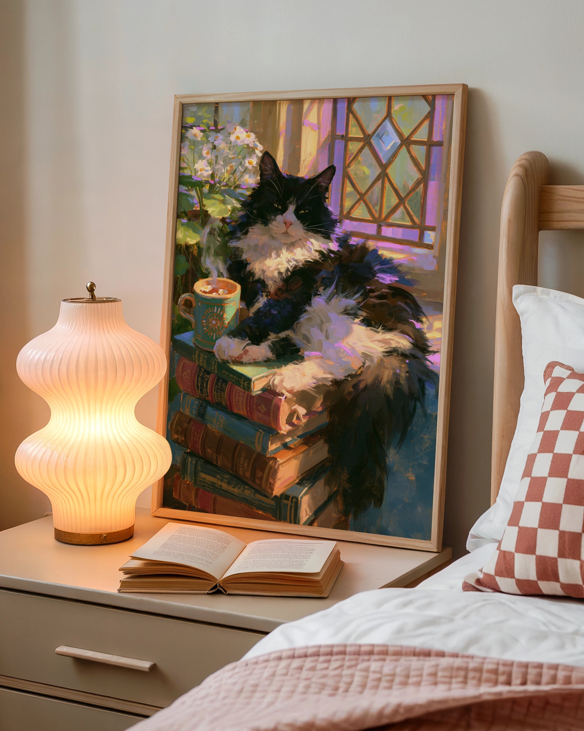 Sleepy Cat on Books Poster, Tuxedo Cat Wall Art, Cosy Reading Print