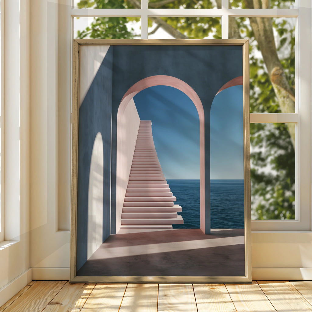 Arches Staircase Ocean View Poster, Minimalist Architecture Print, Pink Blue Wall Art