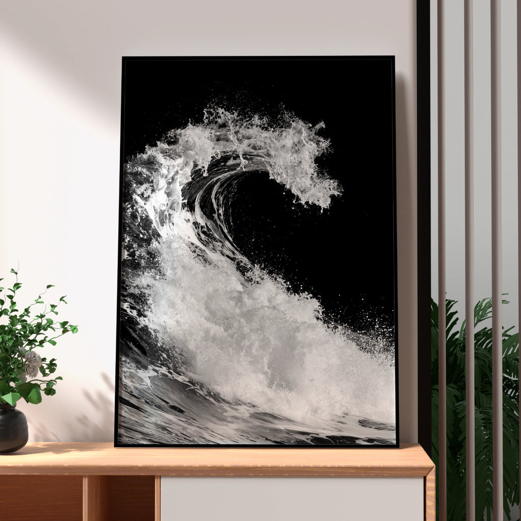 Black White Ocean Wave Poster, Dramatic Sea Photography Print, Monochrome Wall Art