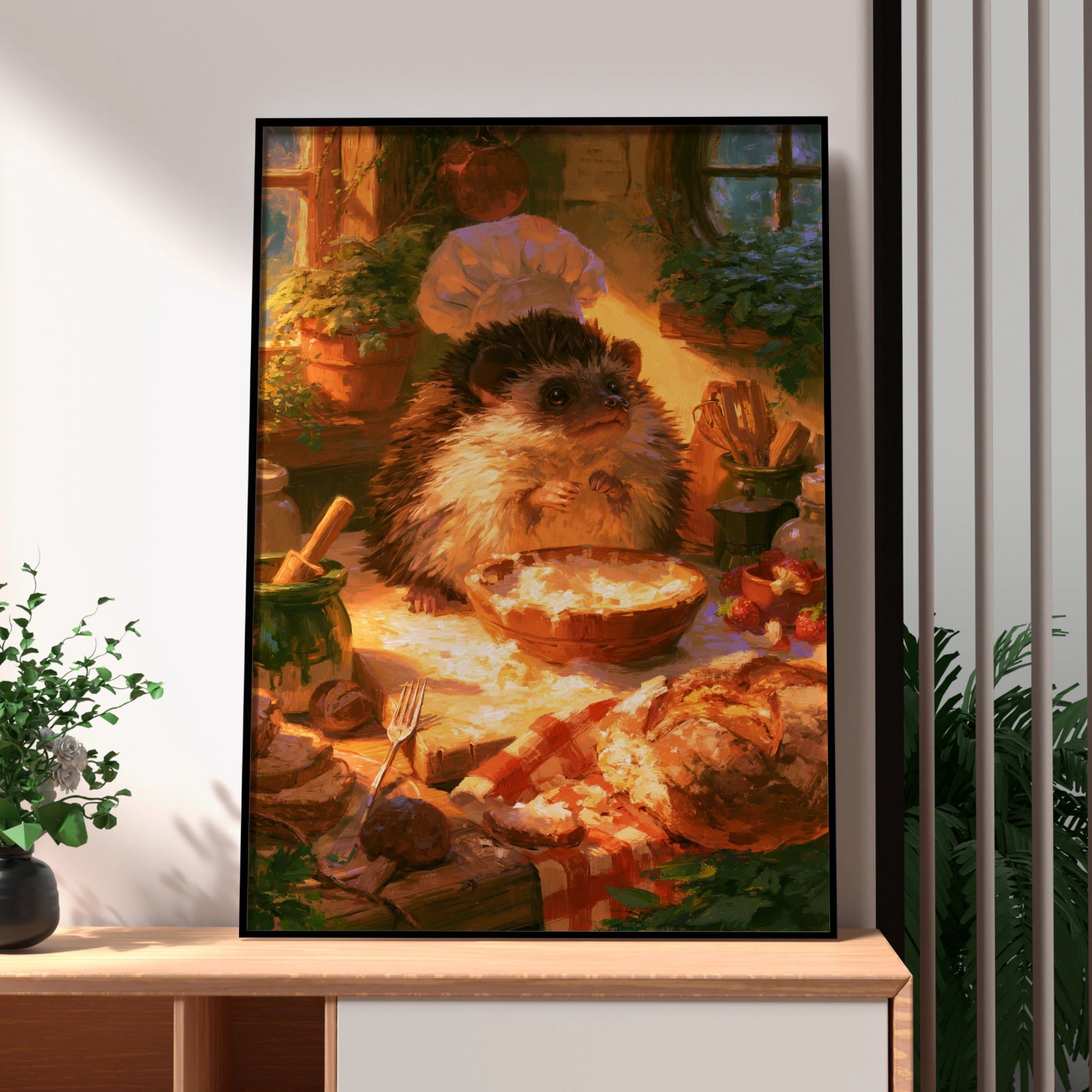 Hedgehog Bakery Kitchen Poster, Cute Animal Chef Art Print, Cosy Cottagecore
