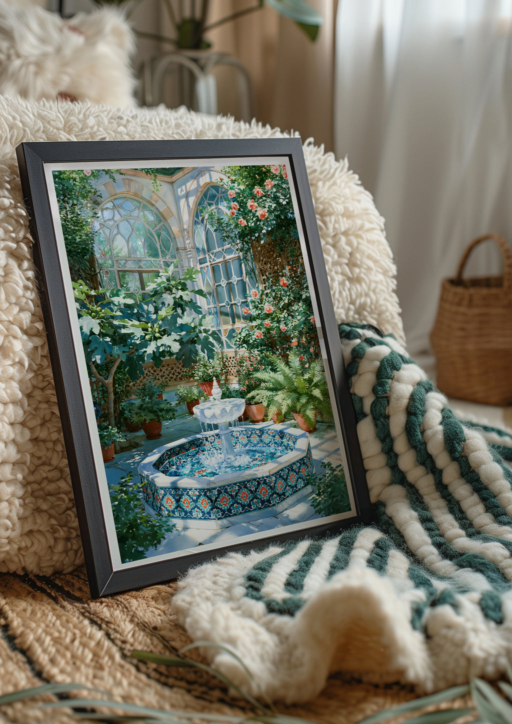 Fountain Courtyard Garden Poster, Moroccan Tile Art Print, Botanical Wall Art
