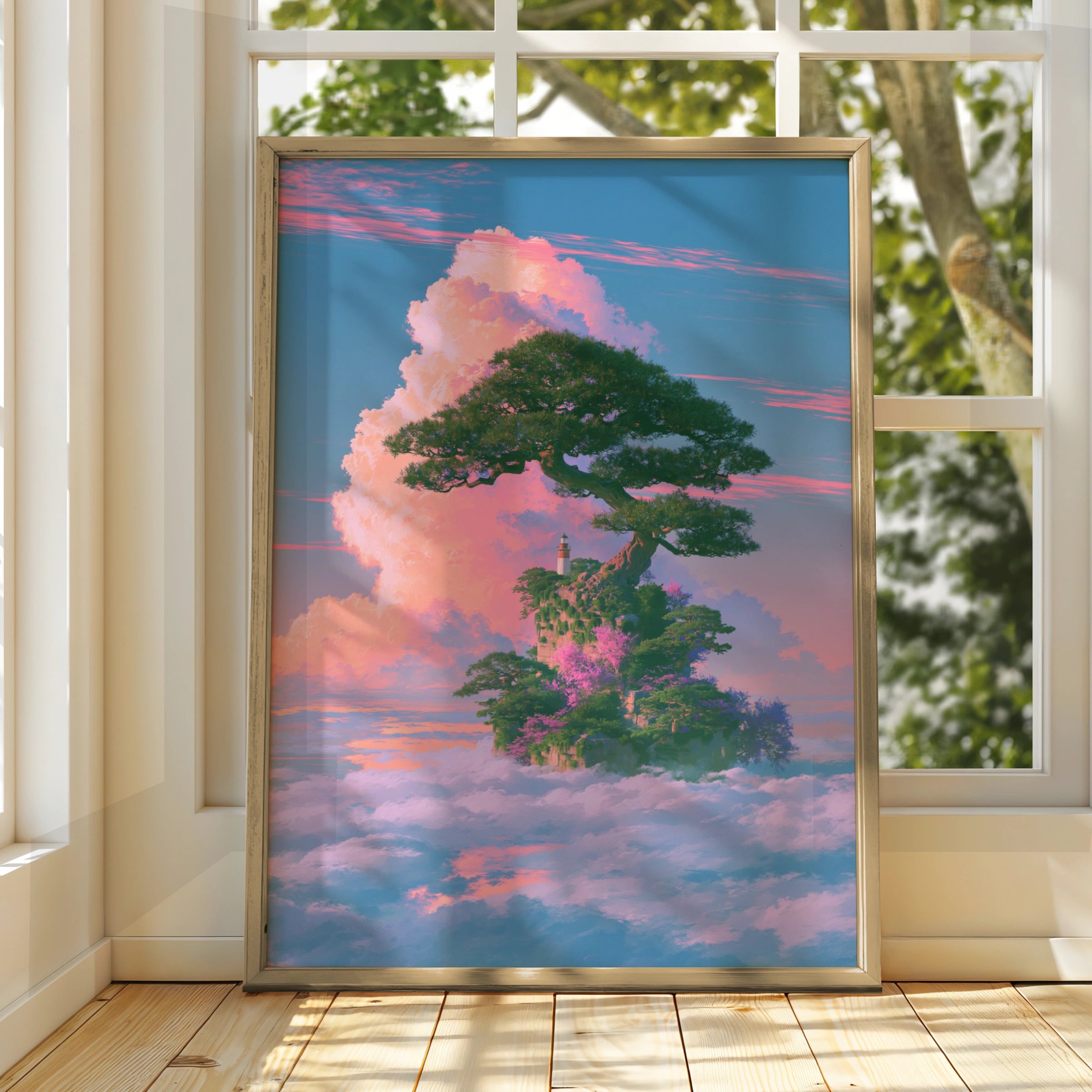 Floating Island Lighthouse Tree Sky Poster, Fantasy Japanese Art Print