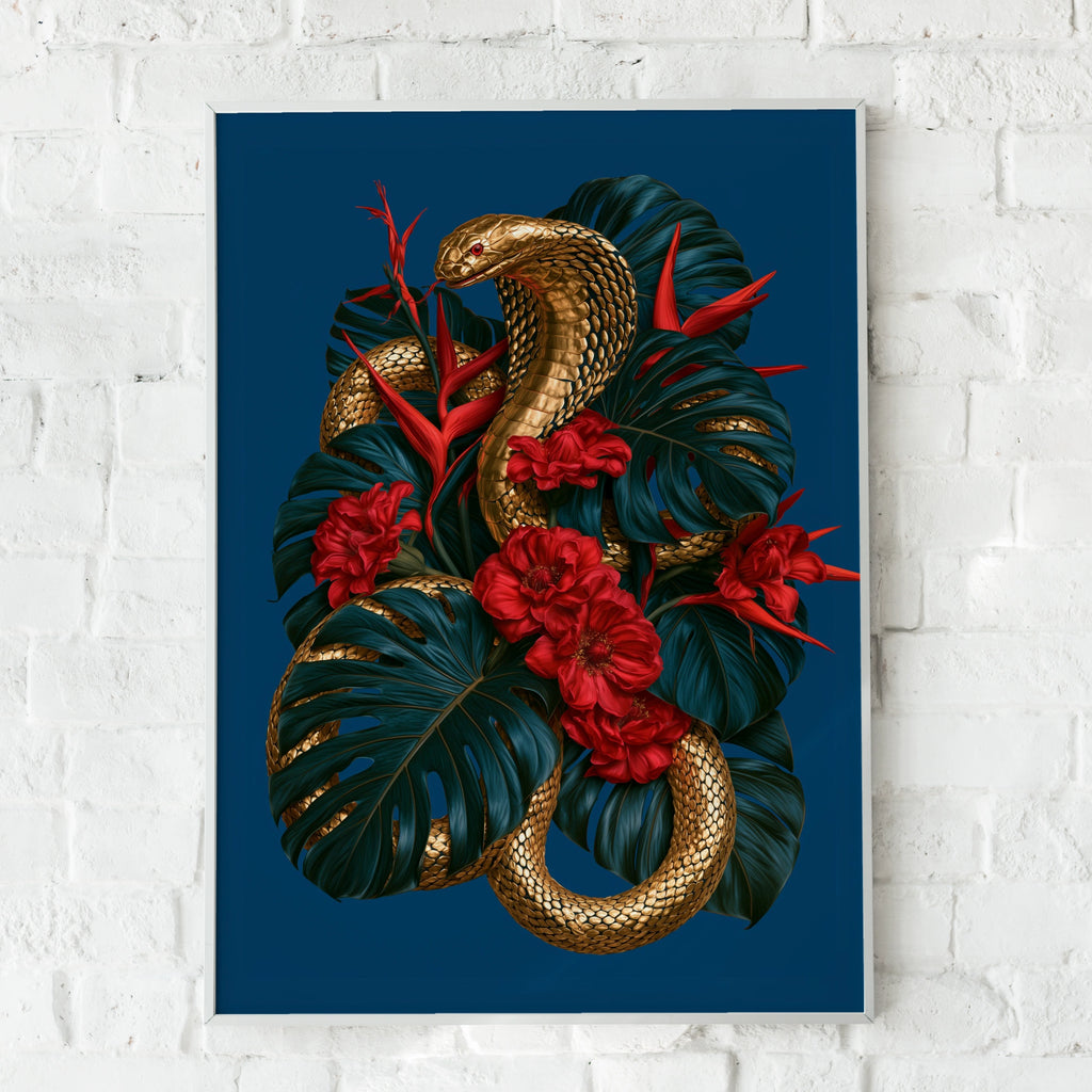 Gold Cobra Snake Monstera Flowers Poster, Tropical Botanical Wall Art Print