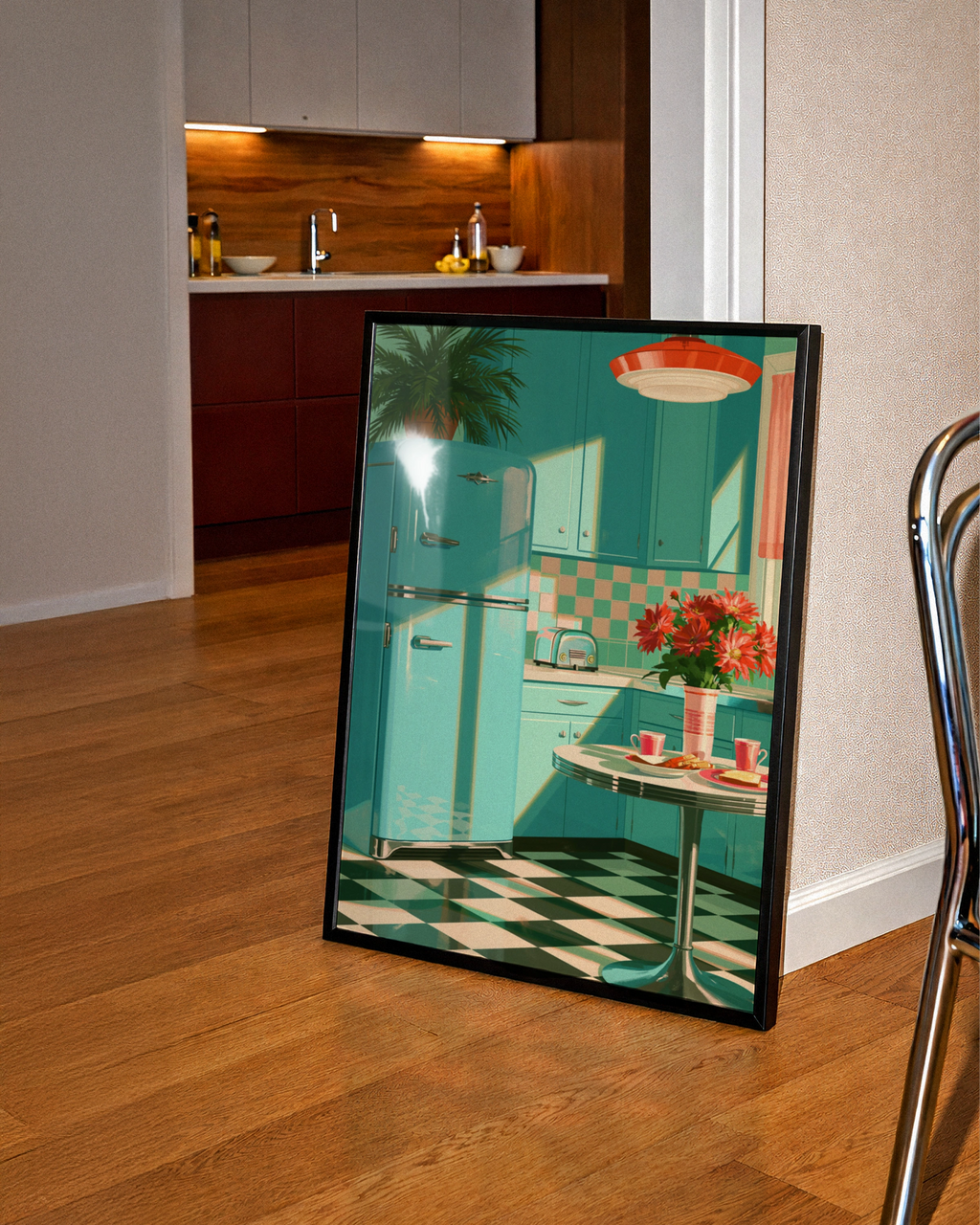 Retro Kitchen Poster, Turquoise 1950s Diner Art Print, Mid-Century Style