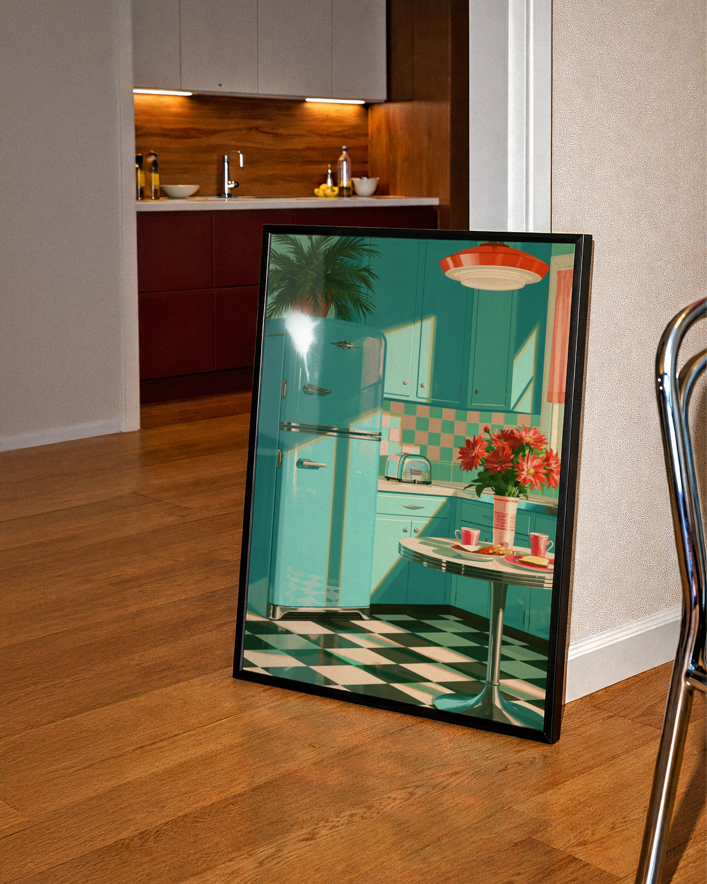 Retro Kitchen Poster, Turquoise 1950s Diner Art Print, Mid-Century Style