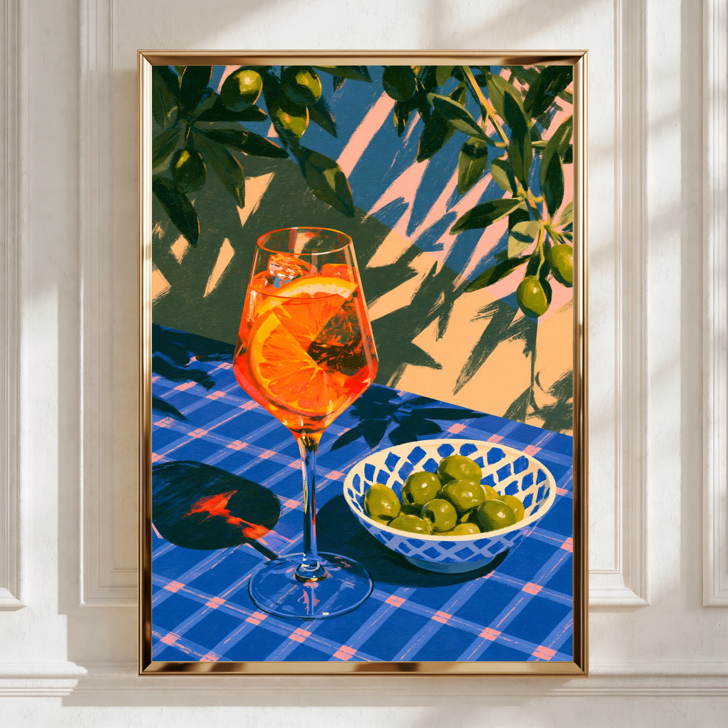Spritz & Olives Poster, Italian Summer Cocktail Wall Art, Blue Bold Print