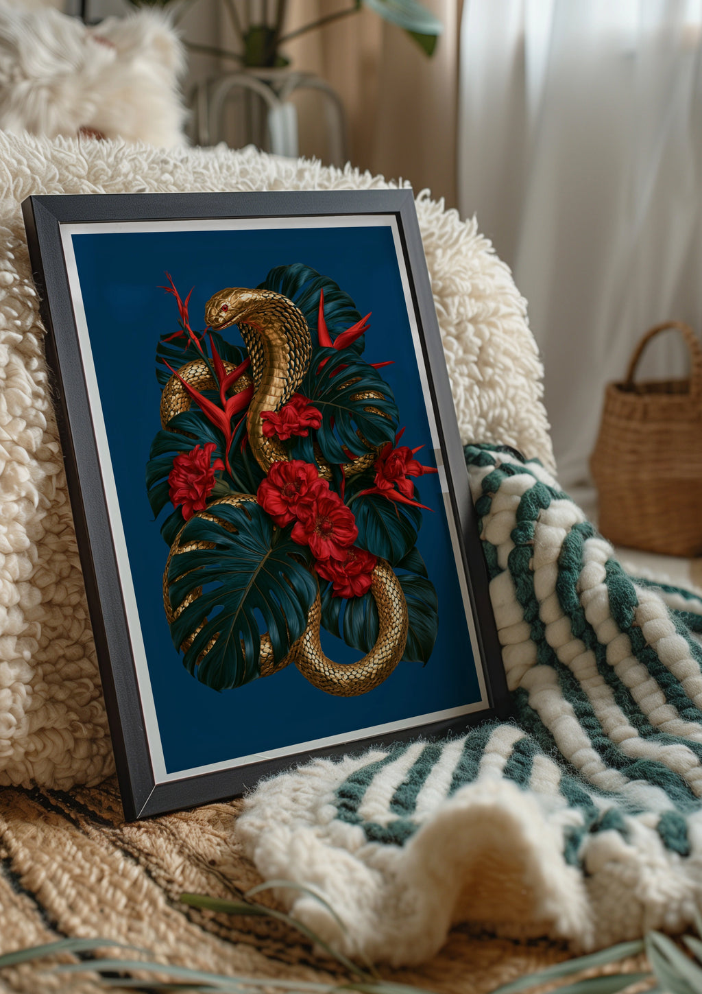 Gold Cobra Snake Monstera Flowers Poster, Tropical Botanical Wall Art Print