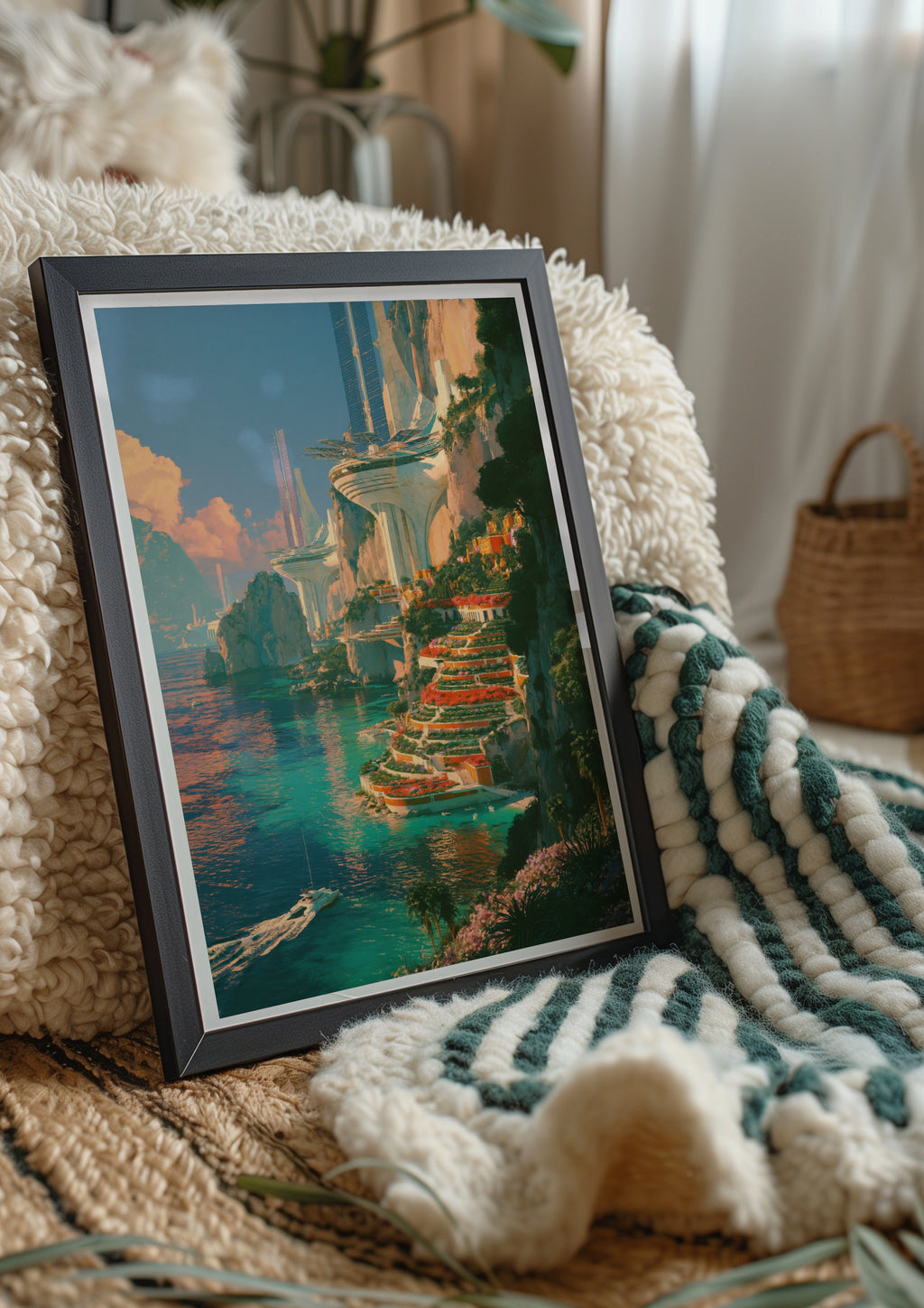 Futuristic Coastal City Poster, Sky Sea Cliffs, Sci-Fi Architecture Print