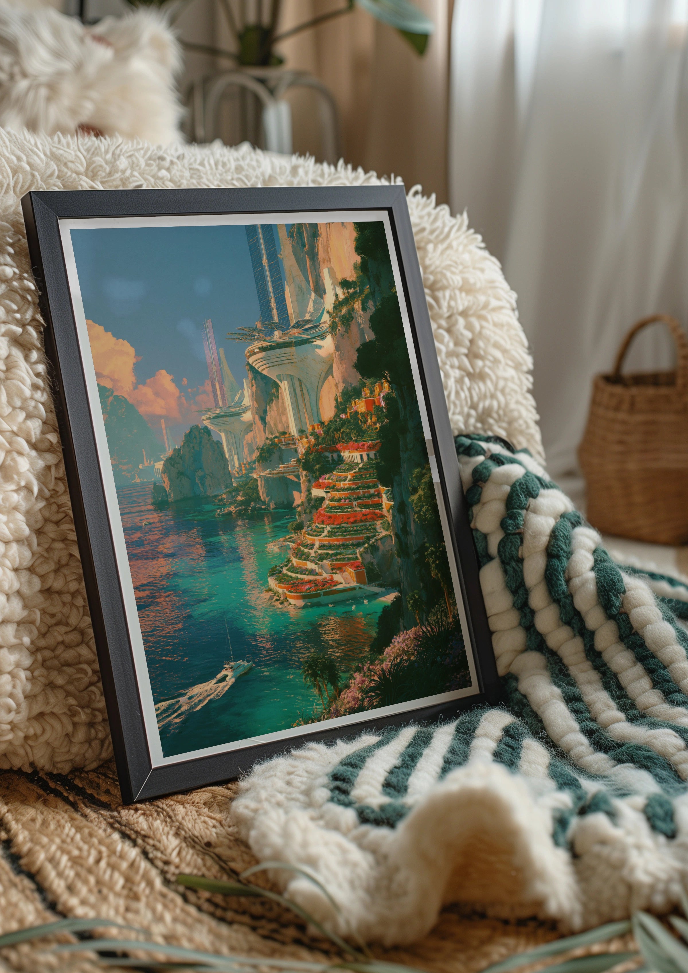 Futuristic Coastal City Poster, Sky Sea Cliffs, Sci-Fi Architecture Print