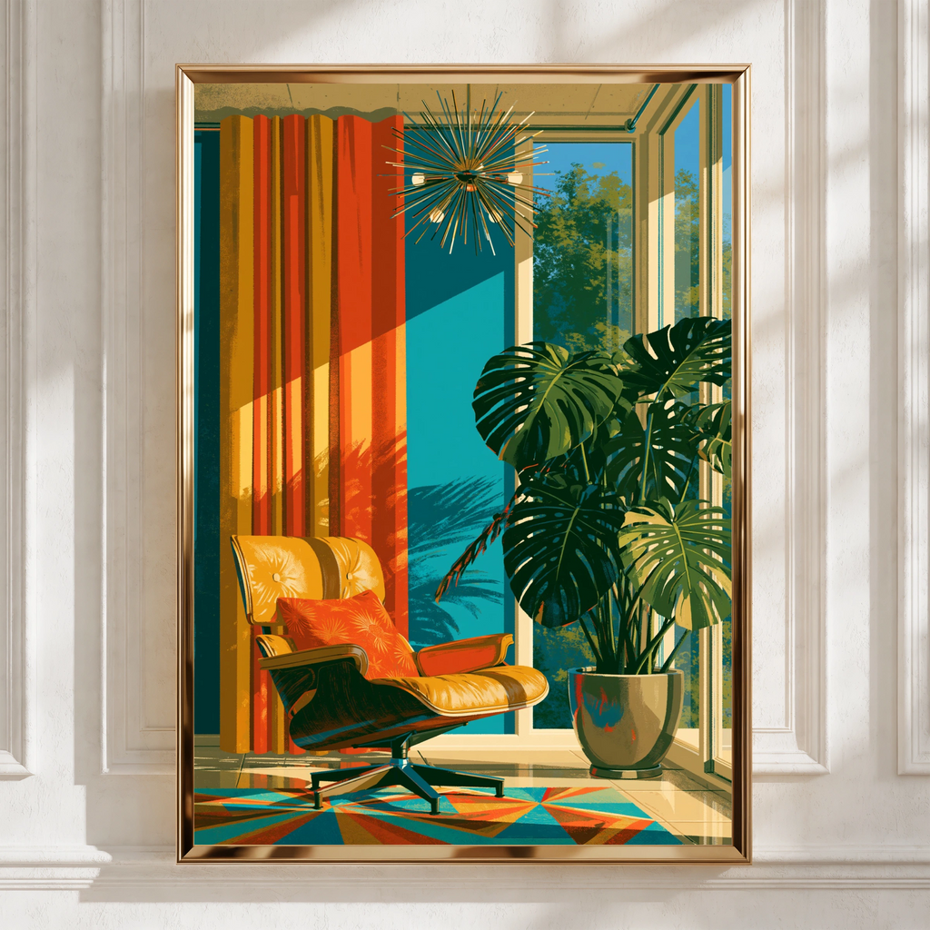 Mid Century Modern Living Room Poster, Retro Lounge Chair, Monstera Plant Print