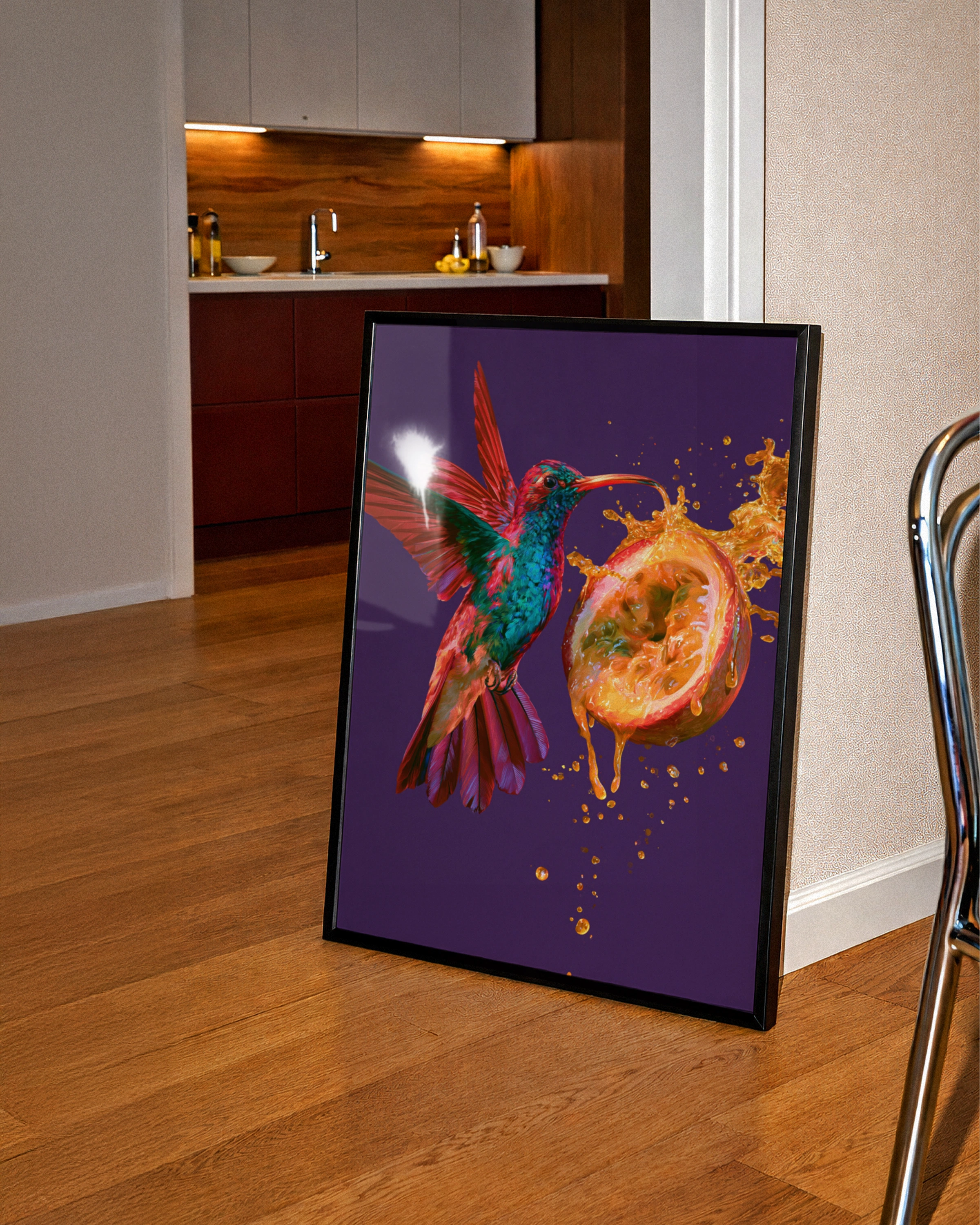 Hummingbird Passion Fruit Wall Art Poster, Vibrant Tropical Bird Print