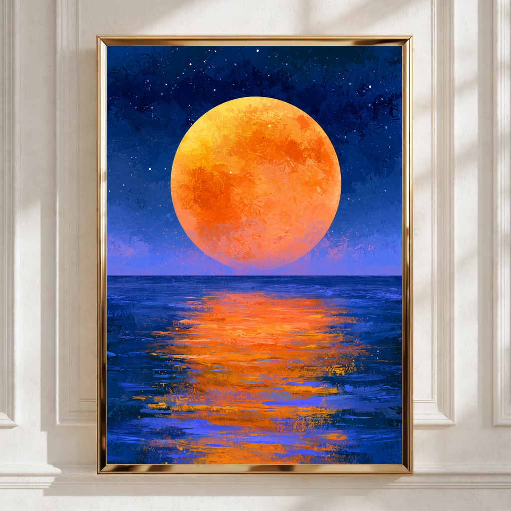 Orange Full Moon Over Ocean Wall Art Poster, Night Sky Print, Painterly Style