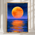 Orange Full Moon Over Ocean Wall Art Poster, Night Sky Print, Painterly Style