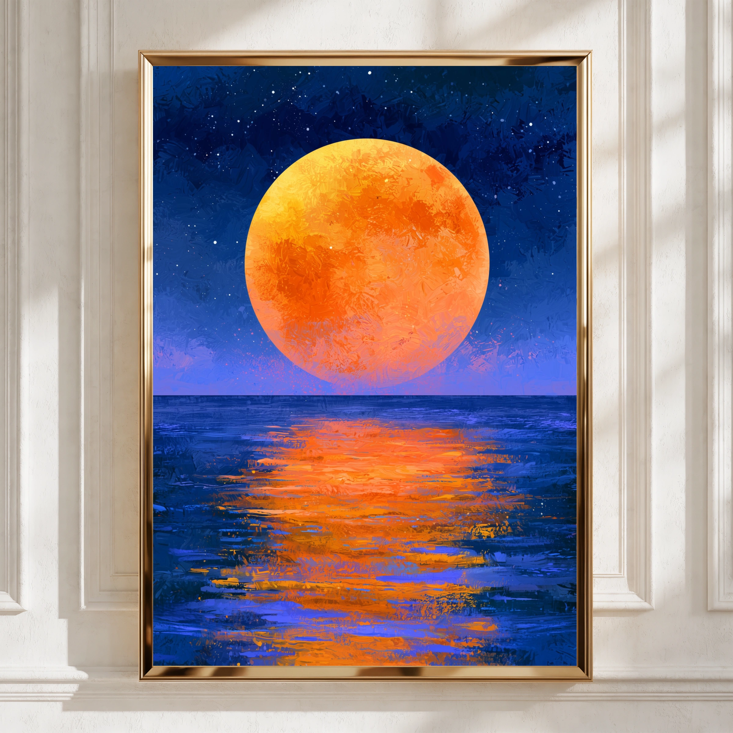 Orange Full Moon Over Ocean Wall Art Poster, Night Sky Print, Painterly Style