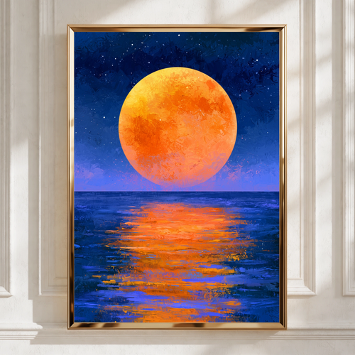 Orange Full Moon Over Ocean Wall Art Poster, Night Sky Print, Painterly Style