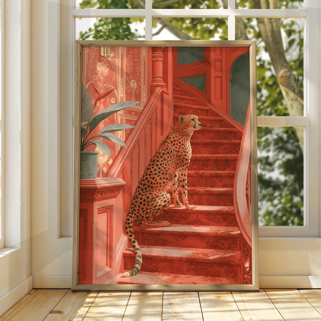 Cheetah on Red Staircase Poster, Victorian Interior, Bold Animal Wall Art