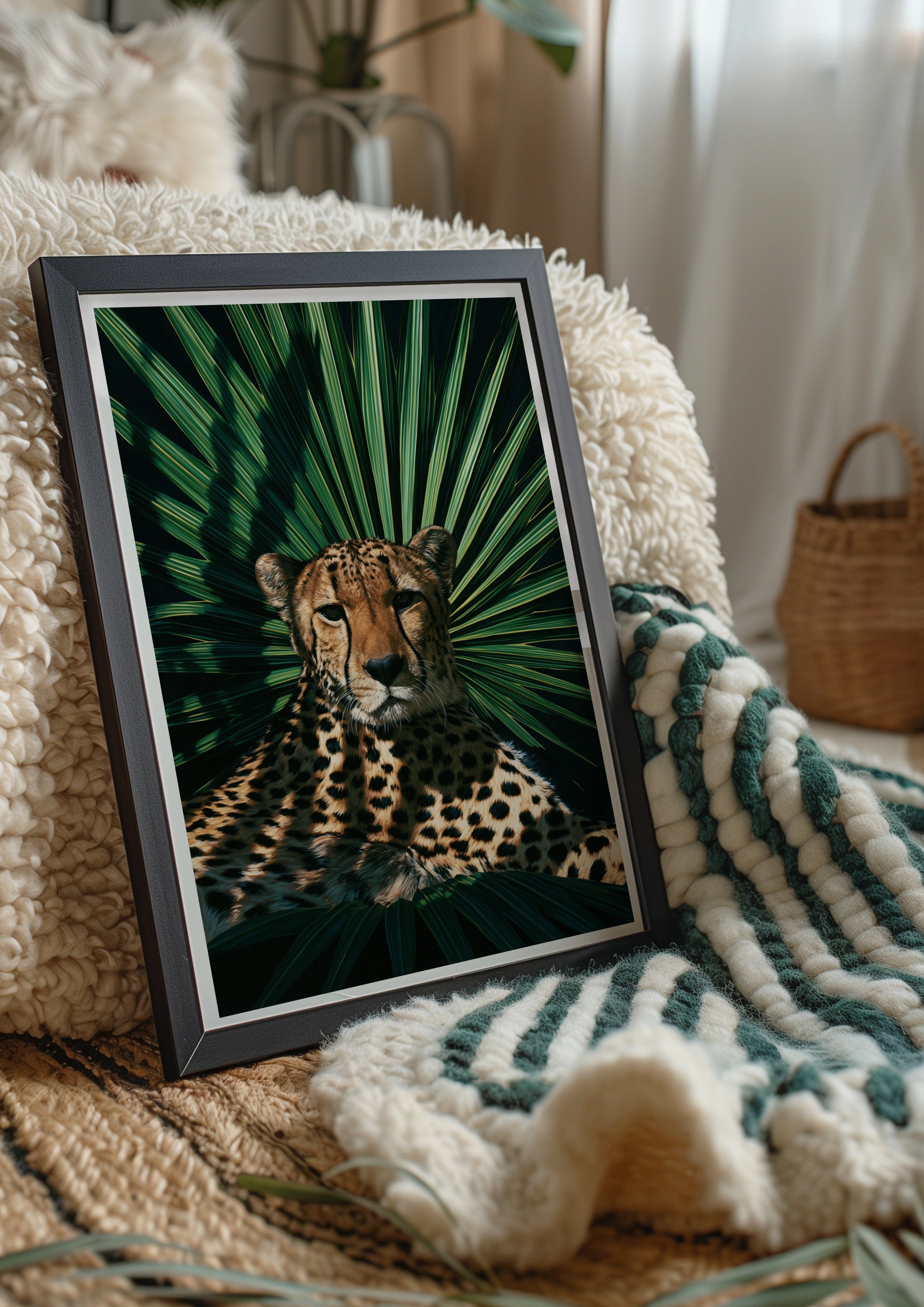 Cheetah Palm Shadow Poster, Tropical Wildlife Wall Art, Dark Botanical Print