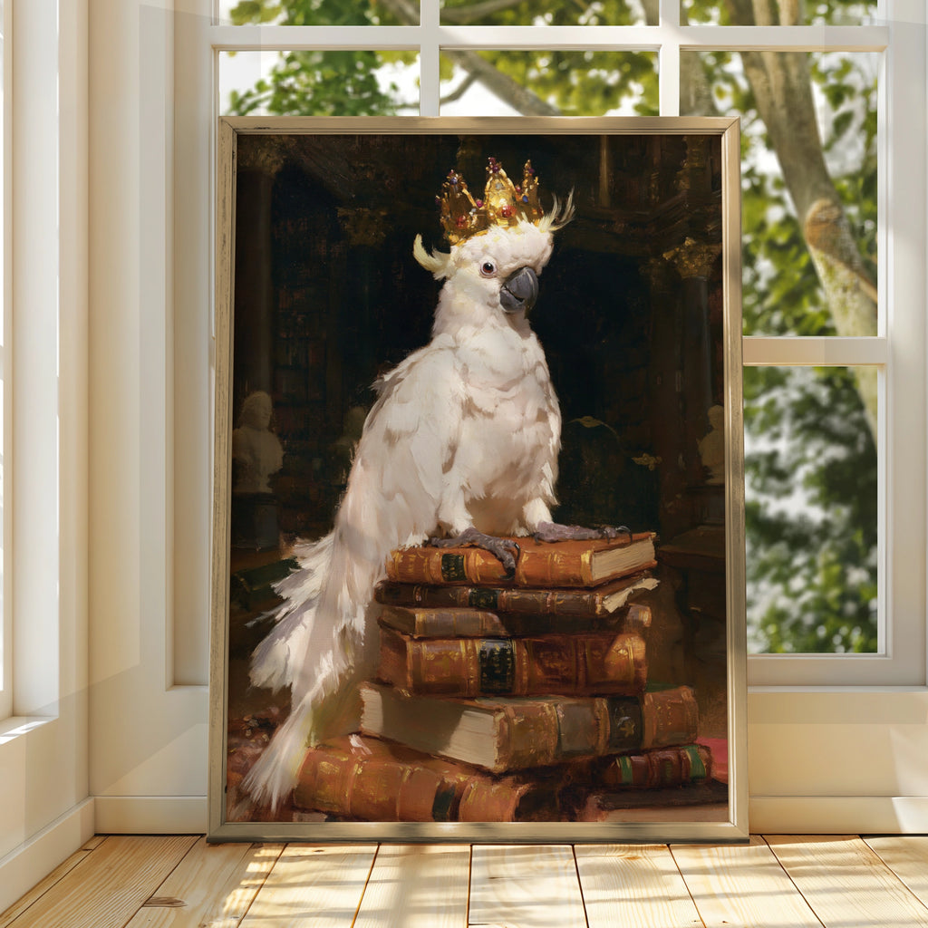 Crowned Cockatoo on Books Poster, Royal Bird Library Wall Art Print