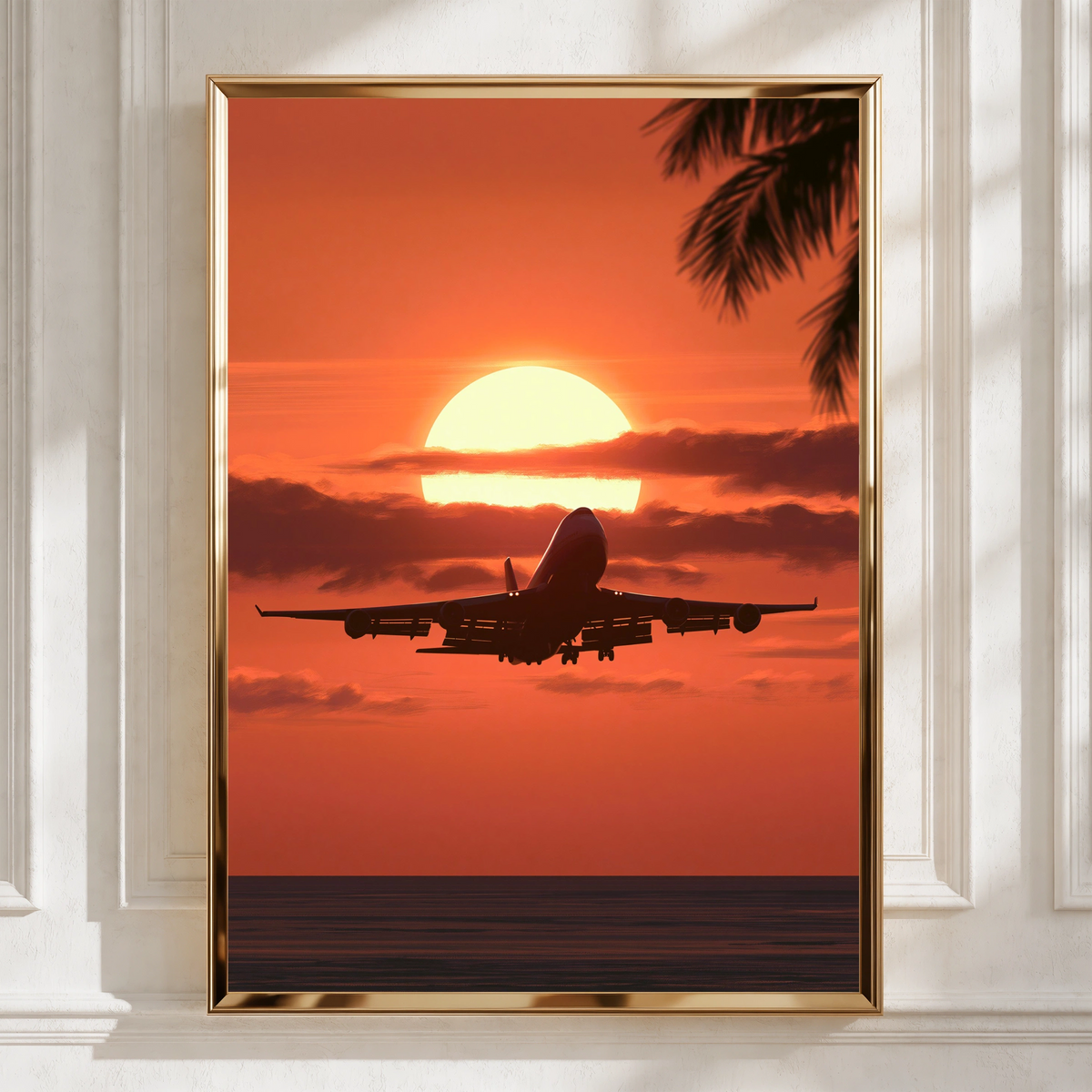 Plane Landing Sunset Poster, Aeroplane Silhouette, Tropical Travel Wall Art
