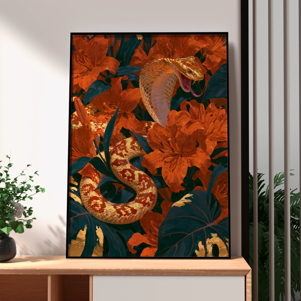 Golden Cobra Snake Flowers Poster, Botanical Wildlife Wall Art Print
