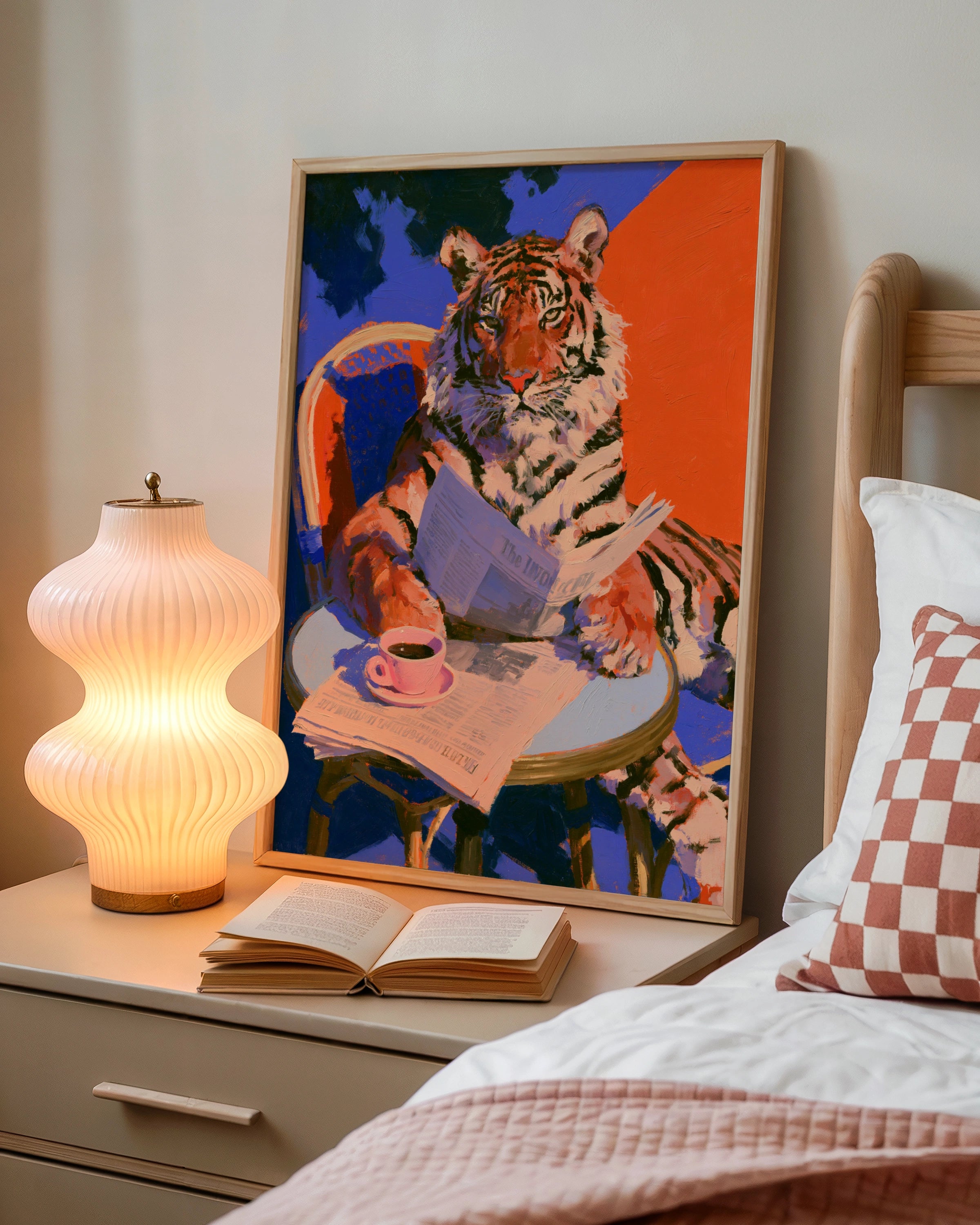 Tiger Reading Newspaper Coffee Table Poster, Bold Colourful Animal Art Print