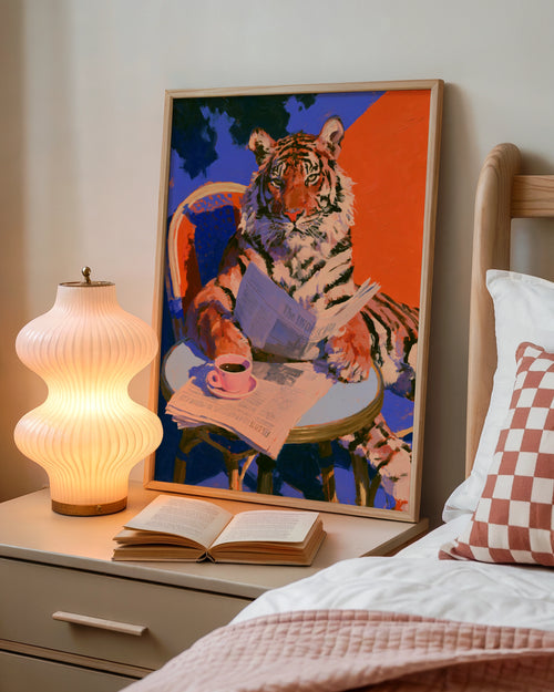 Tiger Reading Newspaper Coffee Table Poster, Bold Colourful Animal Art Print
