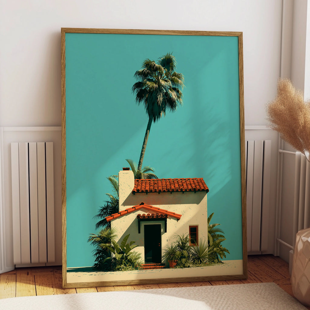Solitary Palm Tree Spanish House Poster, Minimalist Tropical Architecture Print