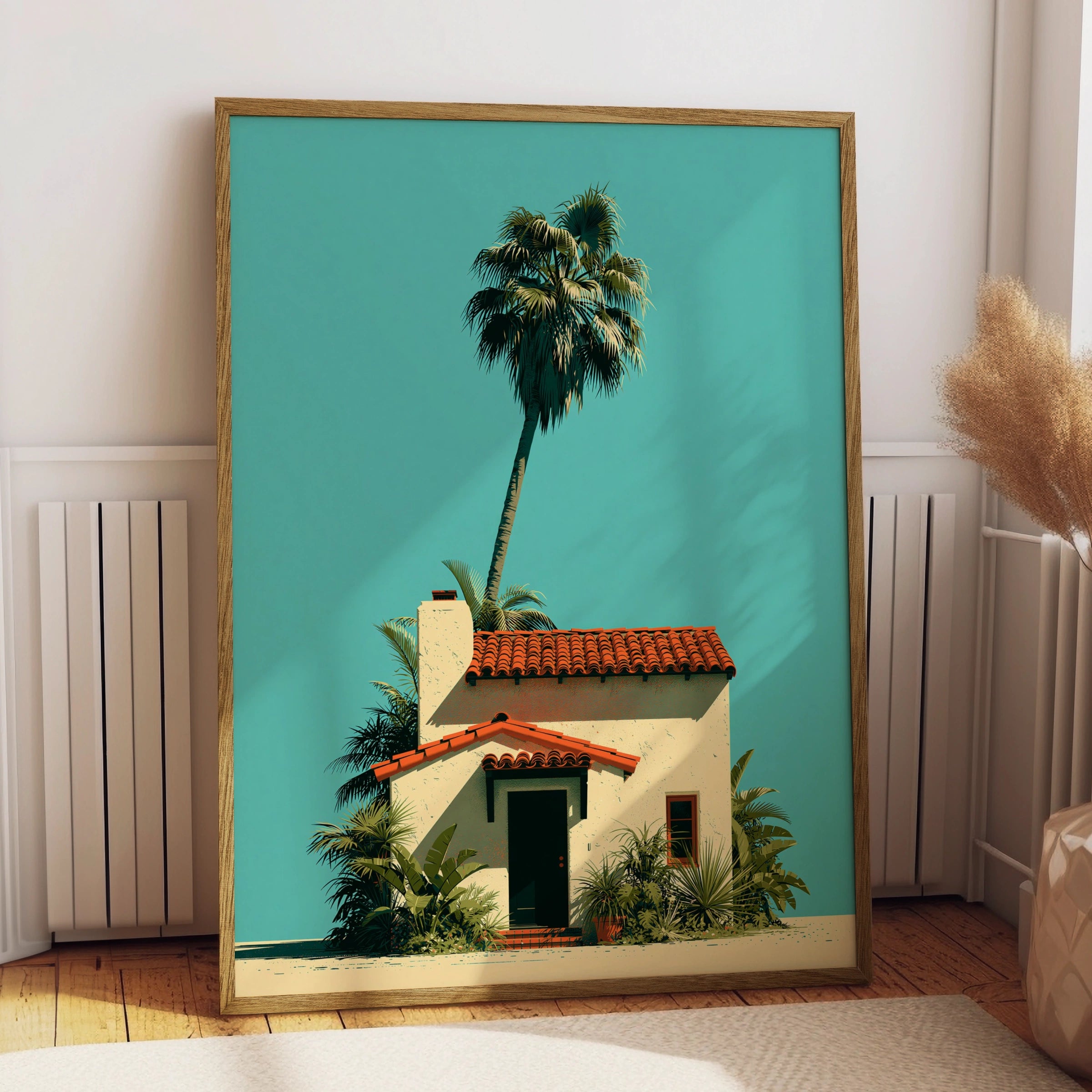 Solitary Palm Tree Spanish House Poster, Minimalist Tropical Architecture Print
