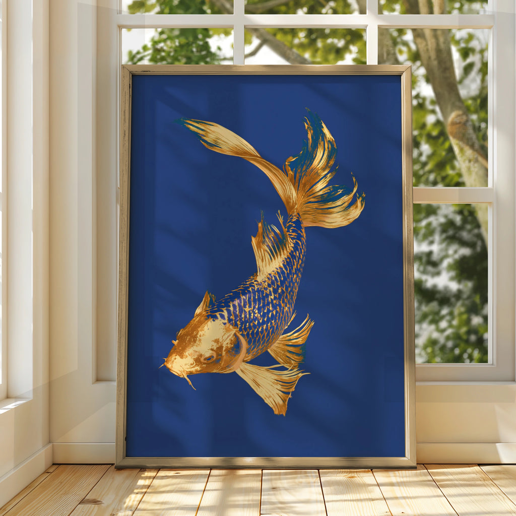 Gold Koi Fish Poster, Navy Blue Wall Art, Japanese Carp Print, Bold Colour
