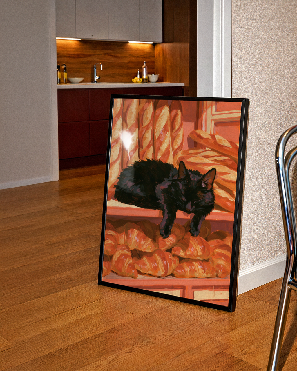Black Cat Sleeping in French Bakery, Croissants Baguettes Wall Art Poster