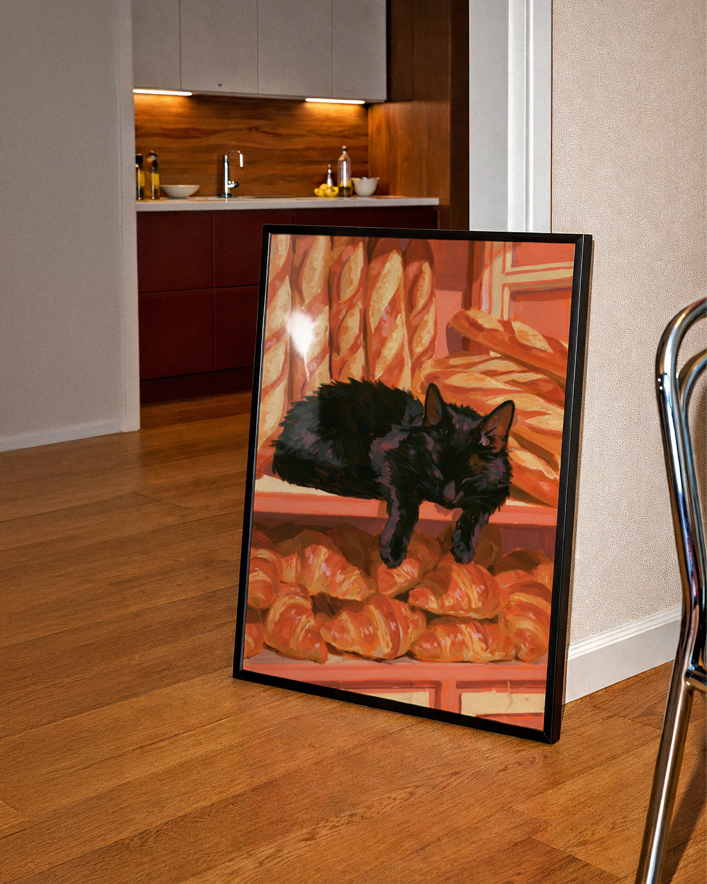 Black Cat Sleeping in French Bakery, Croissants Baguettes Wall Art Poster
