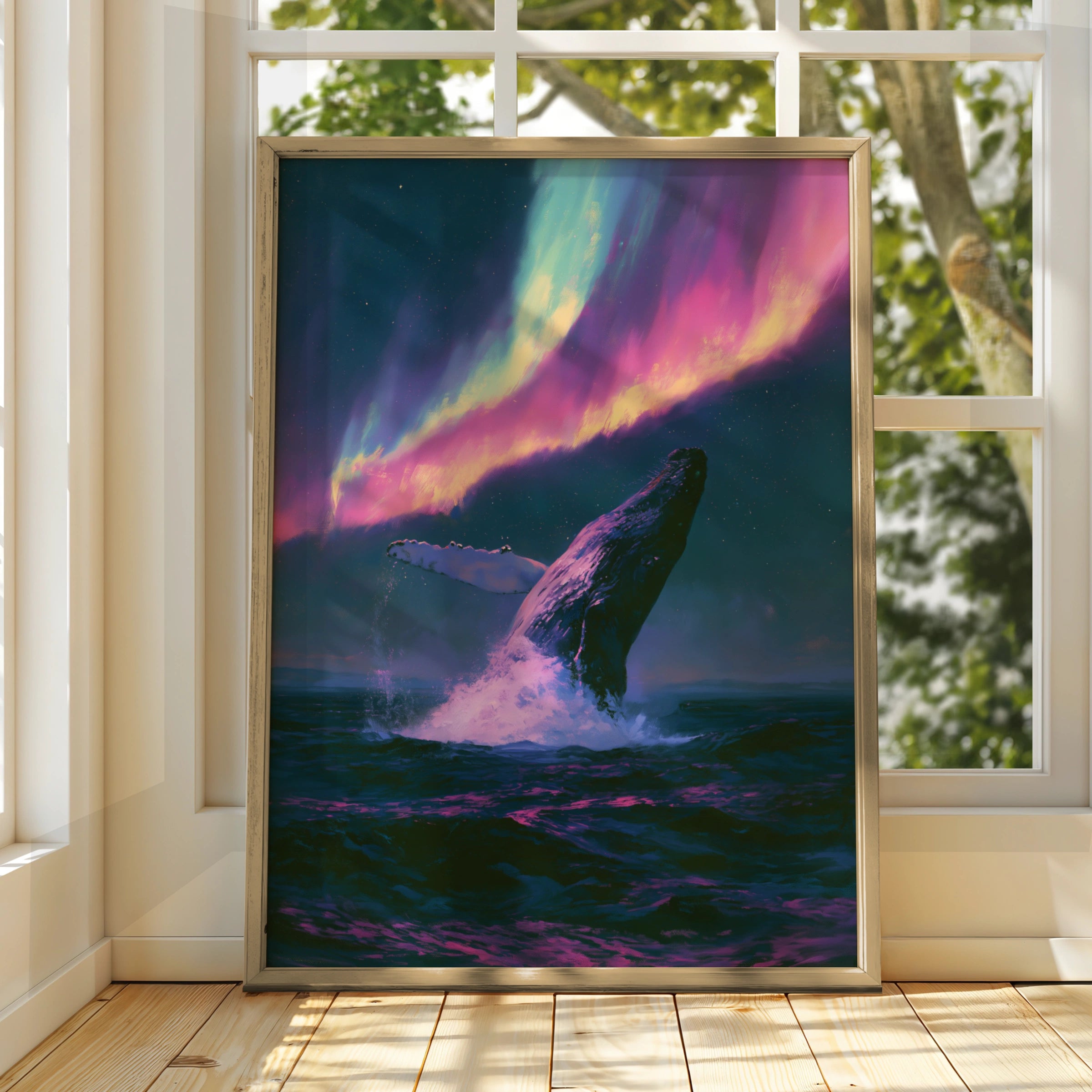 Whale Aurora Borealis Poster, Humpback Breaching Northern Lights Art Print